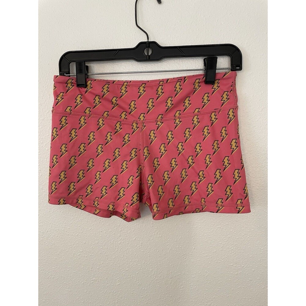IAB MFG Woman Pink & Yellow Lightning Bolt Spandex Workout Shorts Size Medium